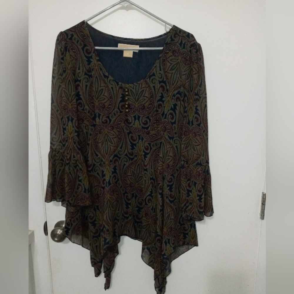 Michael Michael Kors Paisley Long Bell Sleeve Shark Bite Hem Lined Sheer Blouse